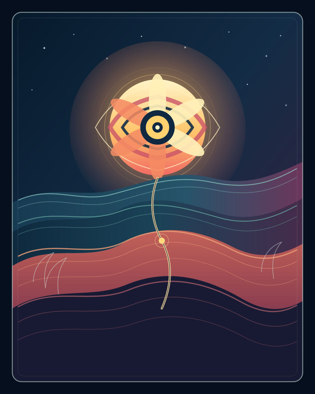 Signal Bloom, version 1: Initial composition: luminous geometric bloom, desert-night gradients, and layered topographic currents.