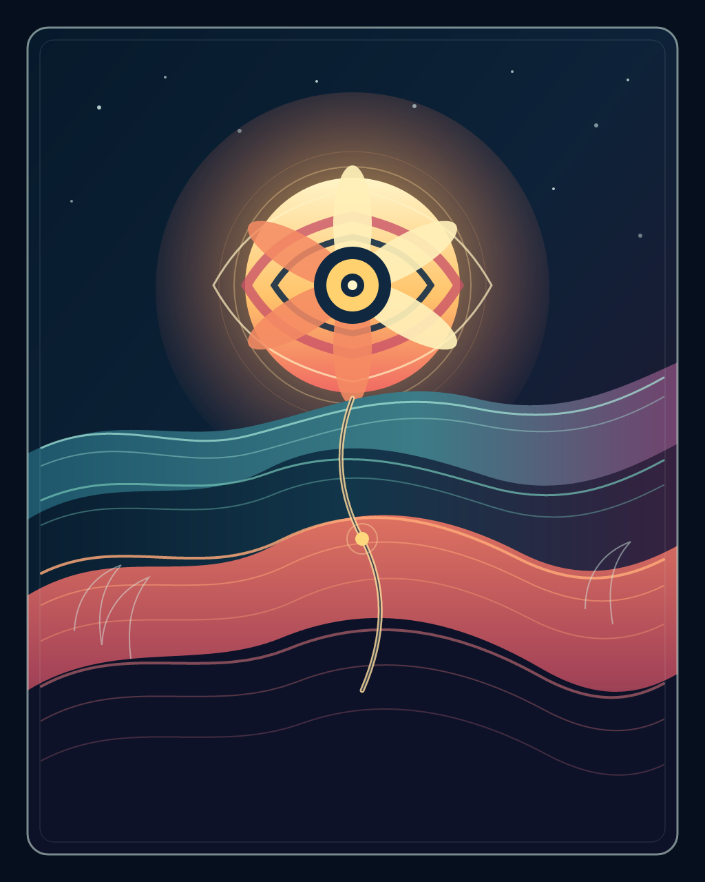 Signal Bloom, version 2: Raised thumbnail contrast after inspection: deepened the sky and lower field, brightened the teal ridge and coral band, and strengthened contour-line separation.