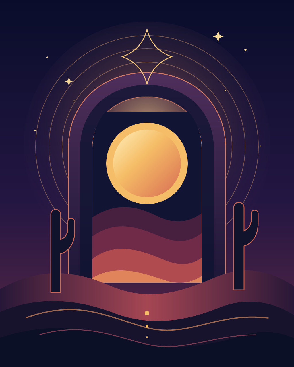 Gate of Returning Light, version 1: First composition: established the nocturnal portal, layered desert depth, warm focal disc, and restrained celestial geometry.