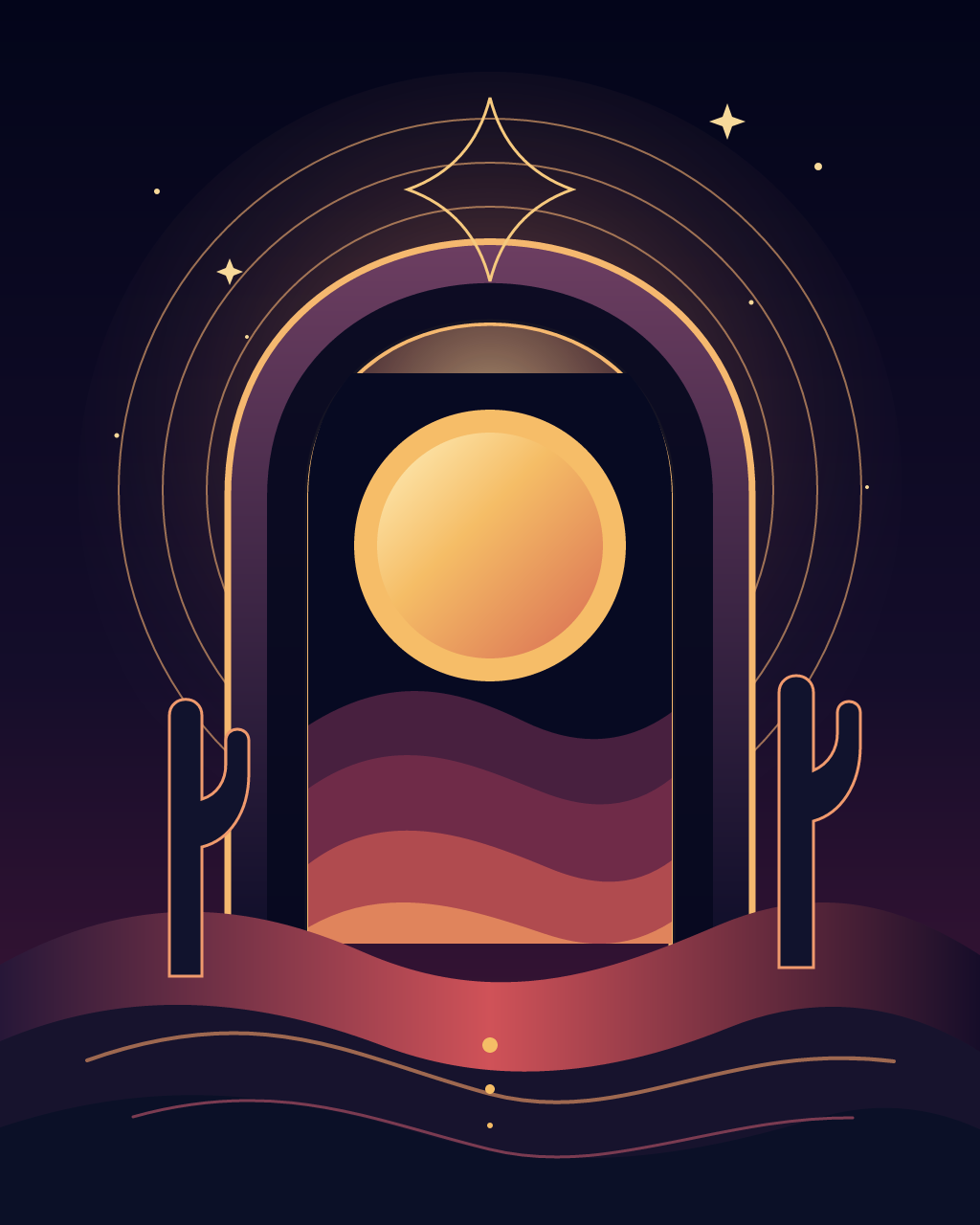 Gate of Returning Light, version 2: Raised thumbnail contrast after inspection: deepened sky and portal, brightened the architectural rim and desert accents, and strengthened warm-cool separation.