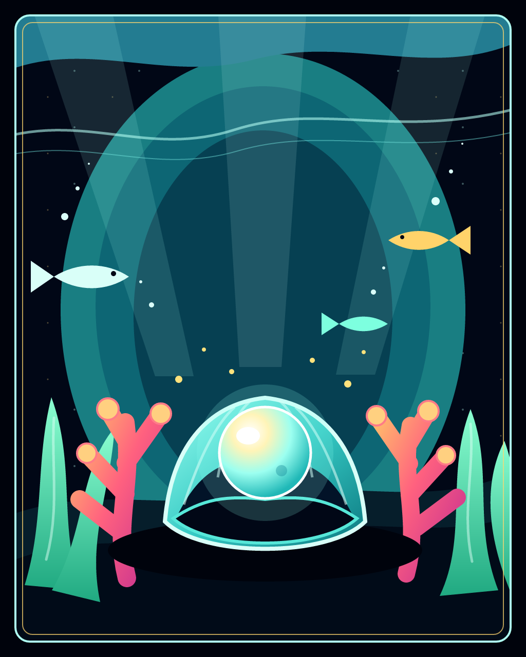 Tideglass Nocturne, version 3: Inspection-driven contrast revision — near-black water, a broad turquoise moon-pool, brighter coral, and a larger pearl create clear dominant tonal separation at thumbnail size