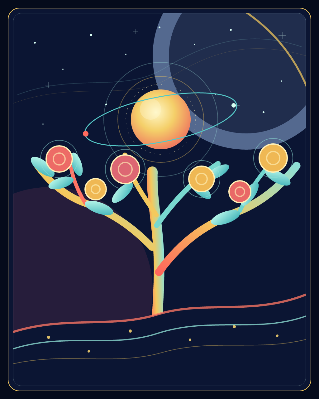 The Orchard Remembers the Stars, version 2: Raised thumbnail contrast by replacing the diffuse blue gradient with a deep unified field, adding an asymmetric high-luminance celestial arc, and clarifying the lower horizon lines after inspection