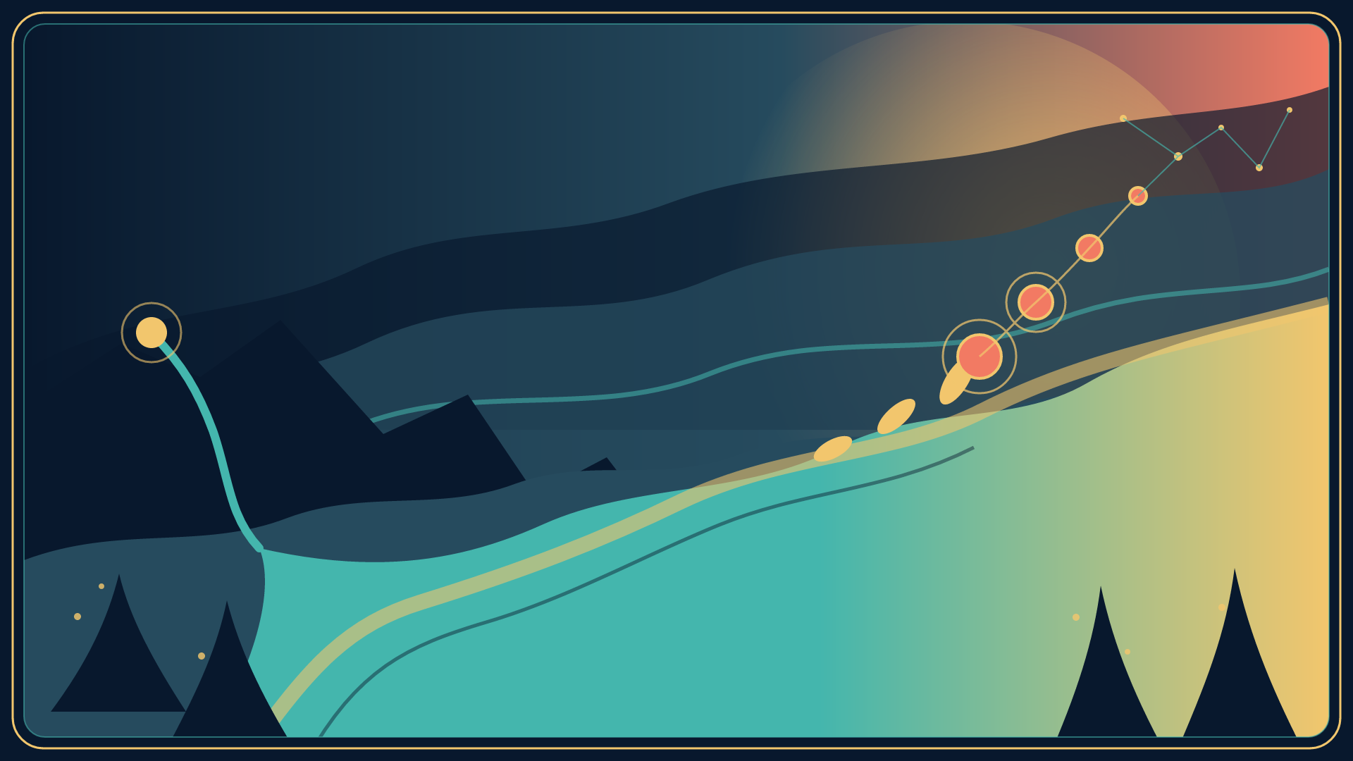 When the River Learned the Sky, version 1: Initial three-plane narrative: mineral source, transforming river, and seeds rising into a constellation