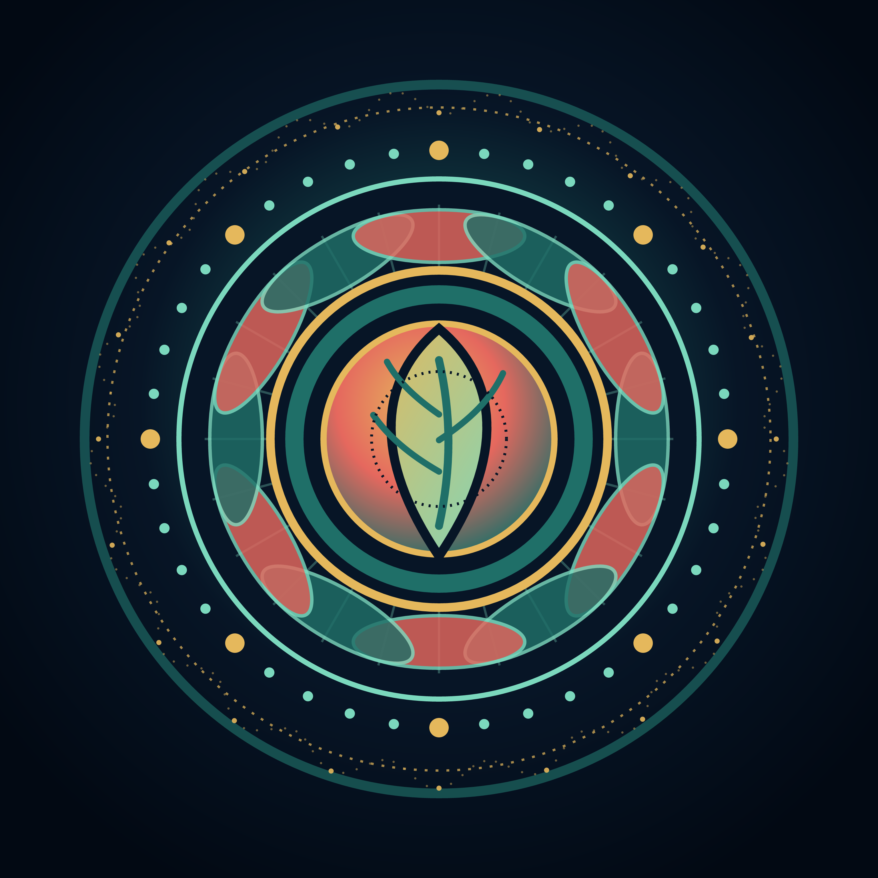 The Archive Under the Seed, version 1: Initial three-scale reliquary: central seed monument, medium orbital petals and beads, and a contained microtexture band