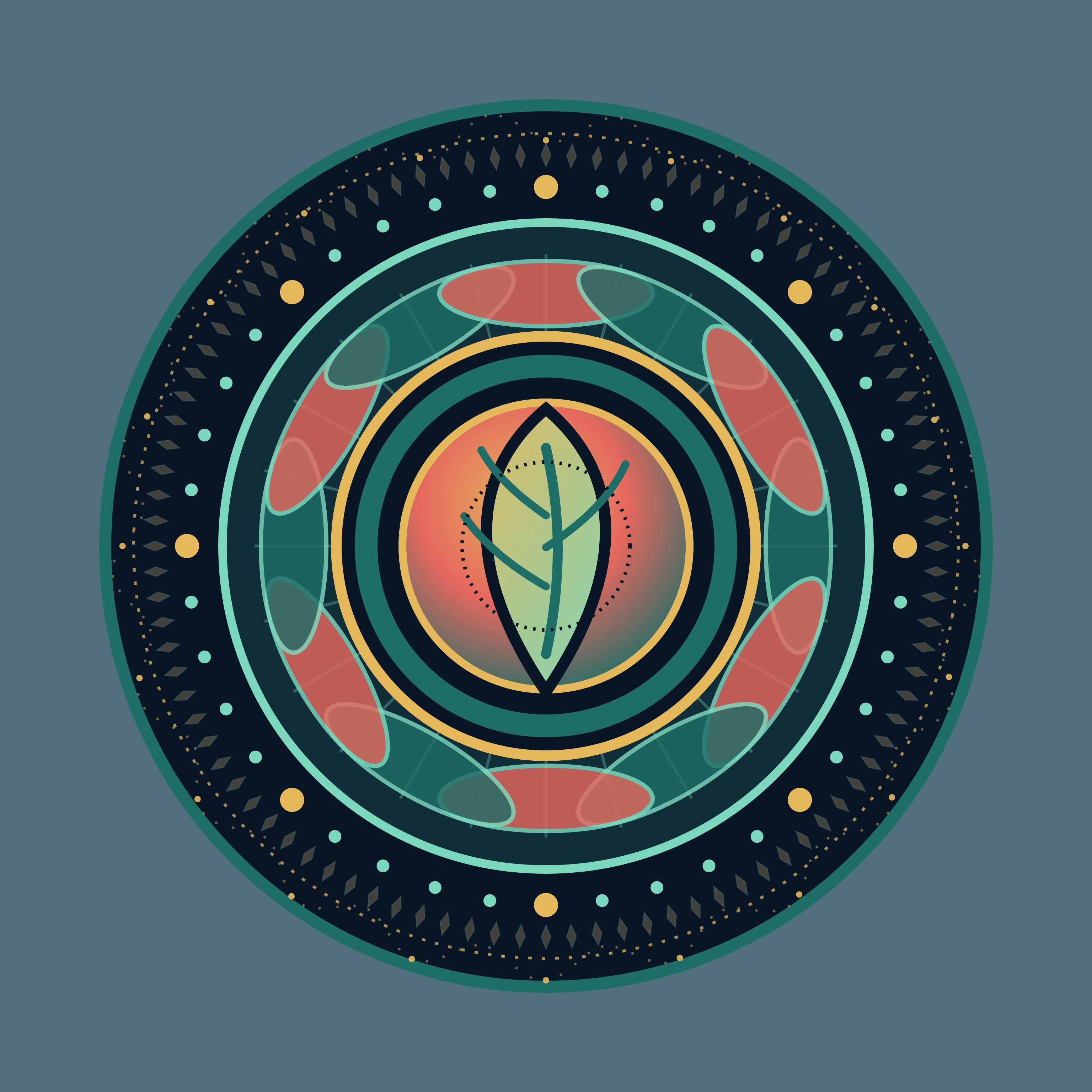The Archive Under the Seed, version 4: Composed the contained radial archive-mark asset over the contrast-corrected monument to add a distinct close-inspection rhythm
