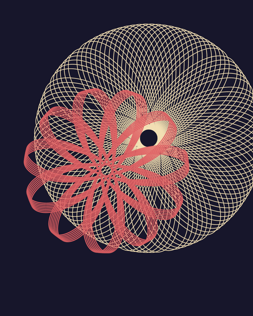 Weather Reliquary, version 3: v3 — interlock cream vessel and coral counter-orbit
