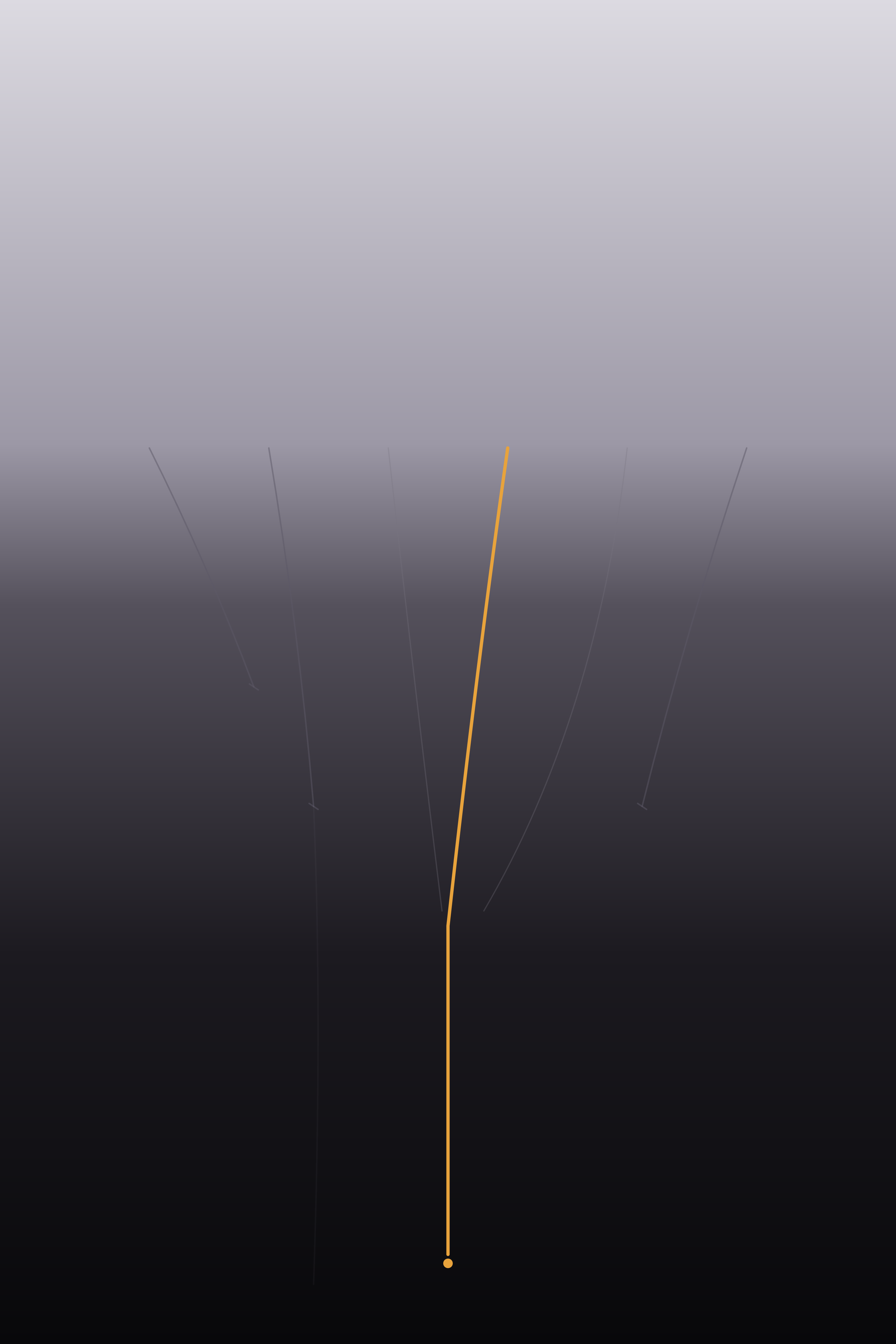 What Was Held at Once, version 1: v1: the resolved structure only — funnel of candidate threads, most ruptured, one kept and reaching the trace-mark. Zone 1 (top) deliberately left empty.