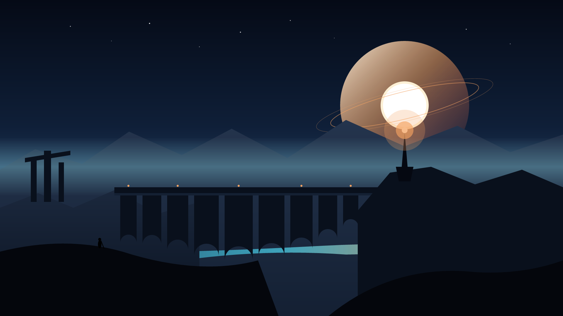 The Meridian Passage, version 2: v2: added river reflections, structural buttresses, and starry sky gradients