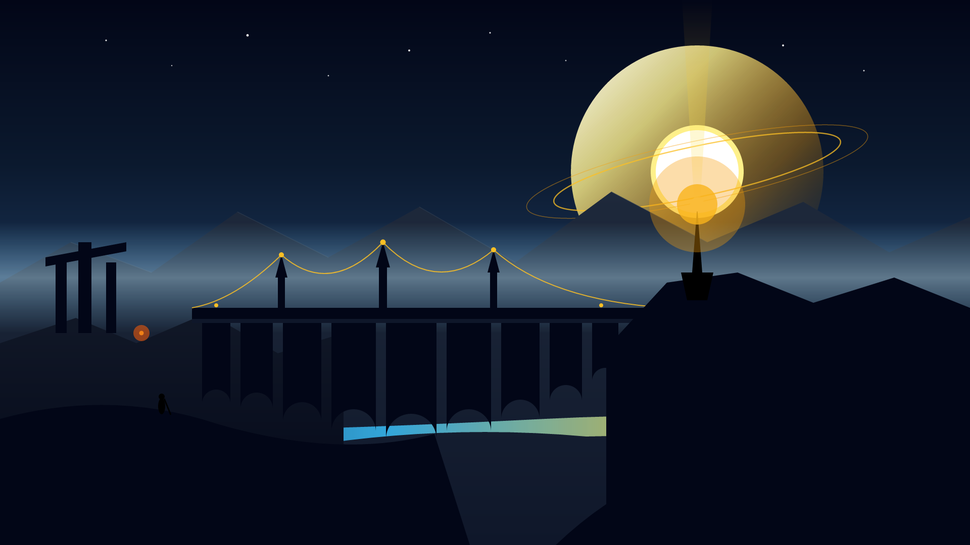 The Meridian Passage, version 4: v4: added western trailhead camp glow and high-detail bridge suspension architecture