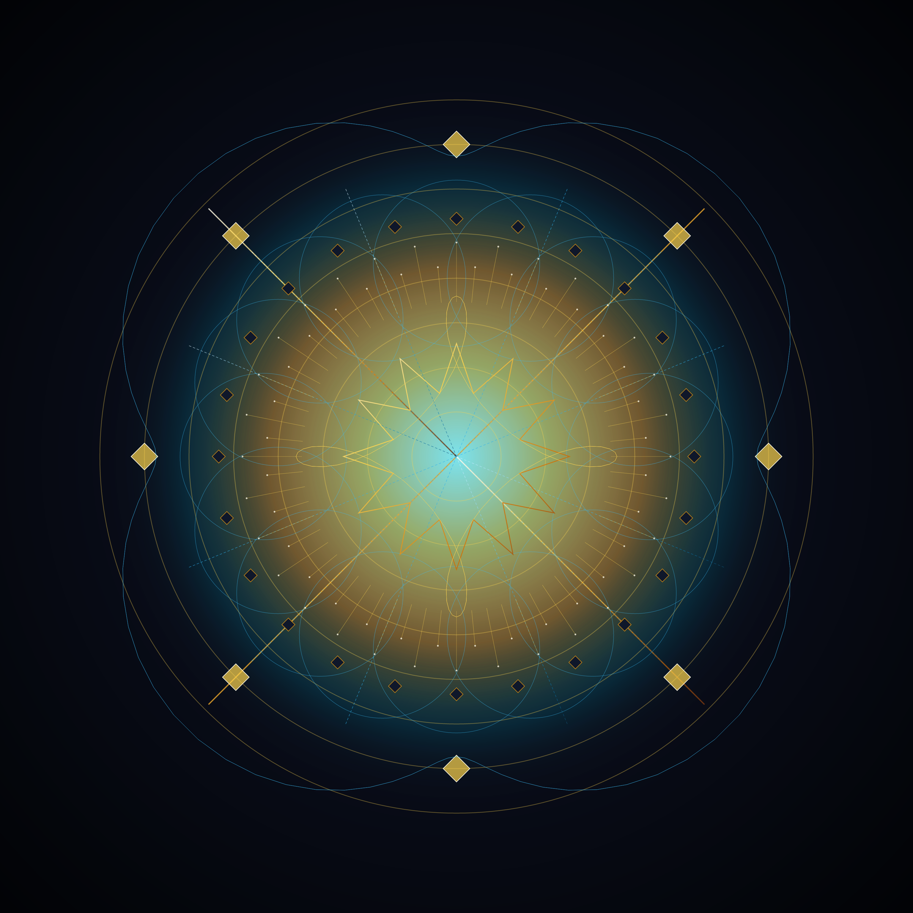 Symphony of the Infinite Lattice, version 3: v3_micro_guilloche: Integrated high-frequency guilloché spirographs, micro-faceted polygon nodes, and stippled radial filaments.