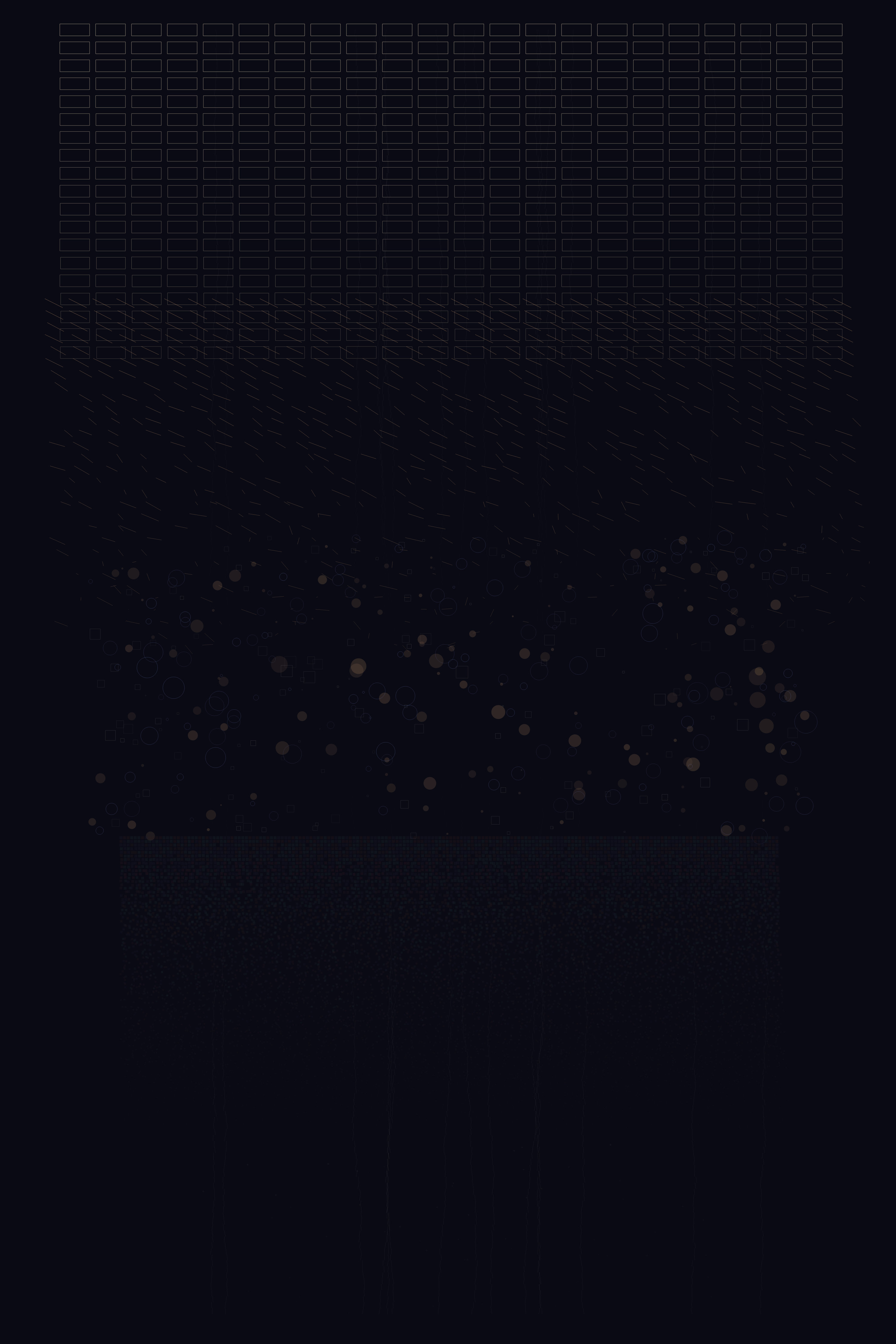The Visible Thought That Does Not Think, version 4: V4: Procedural descent - five strata from geometric order through rupture to void, high contrast