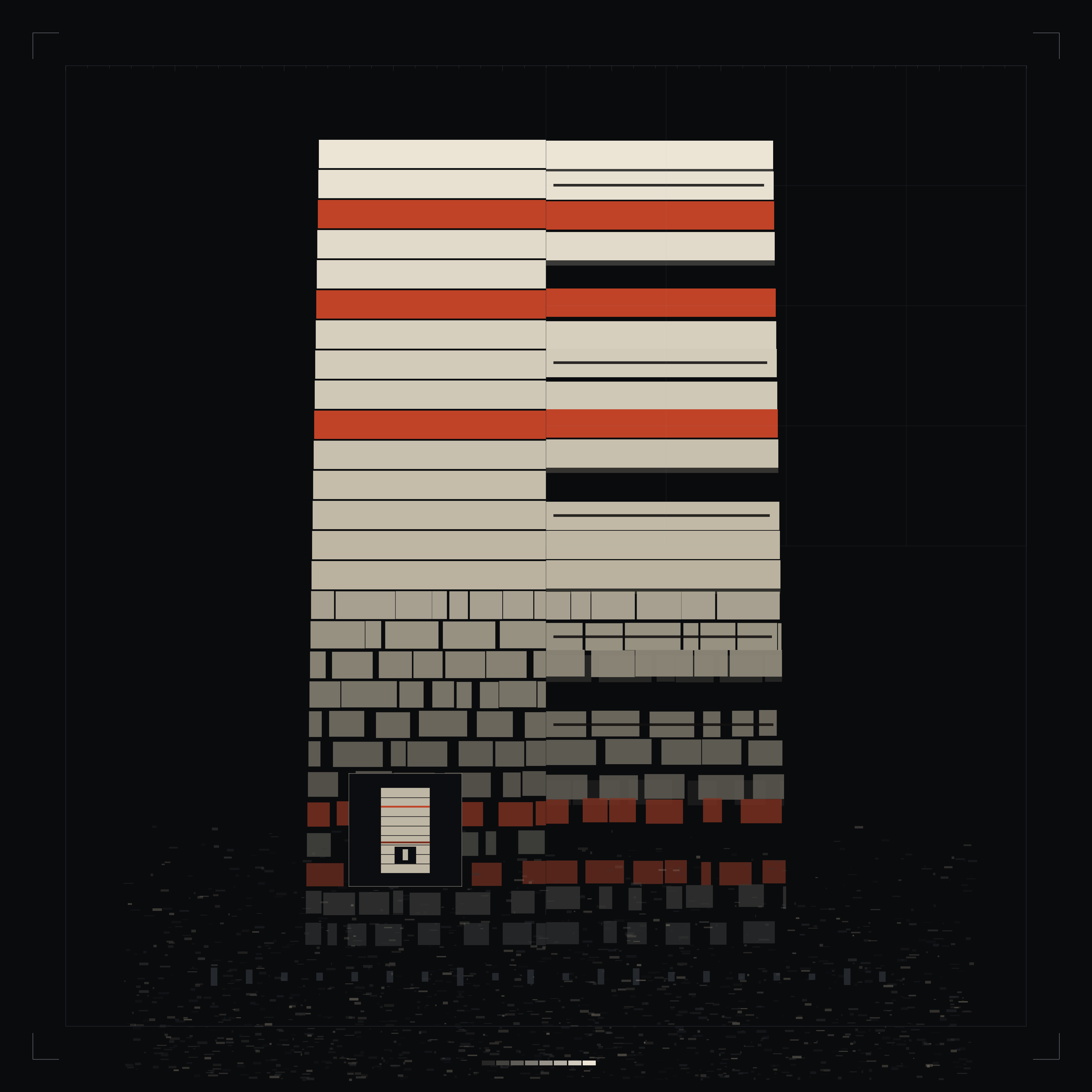 Cenotaph, Itemised, version 1: v1 block-in: 27 strata stele, oldest at base and eroding, 5 published bands in oxide, silt of 20 abandoned workspaces beneath