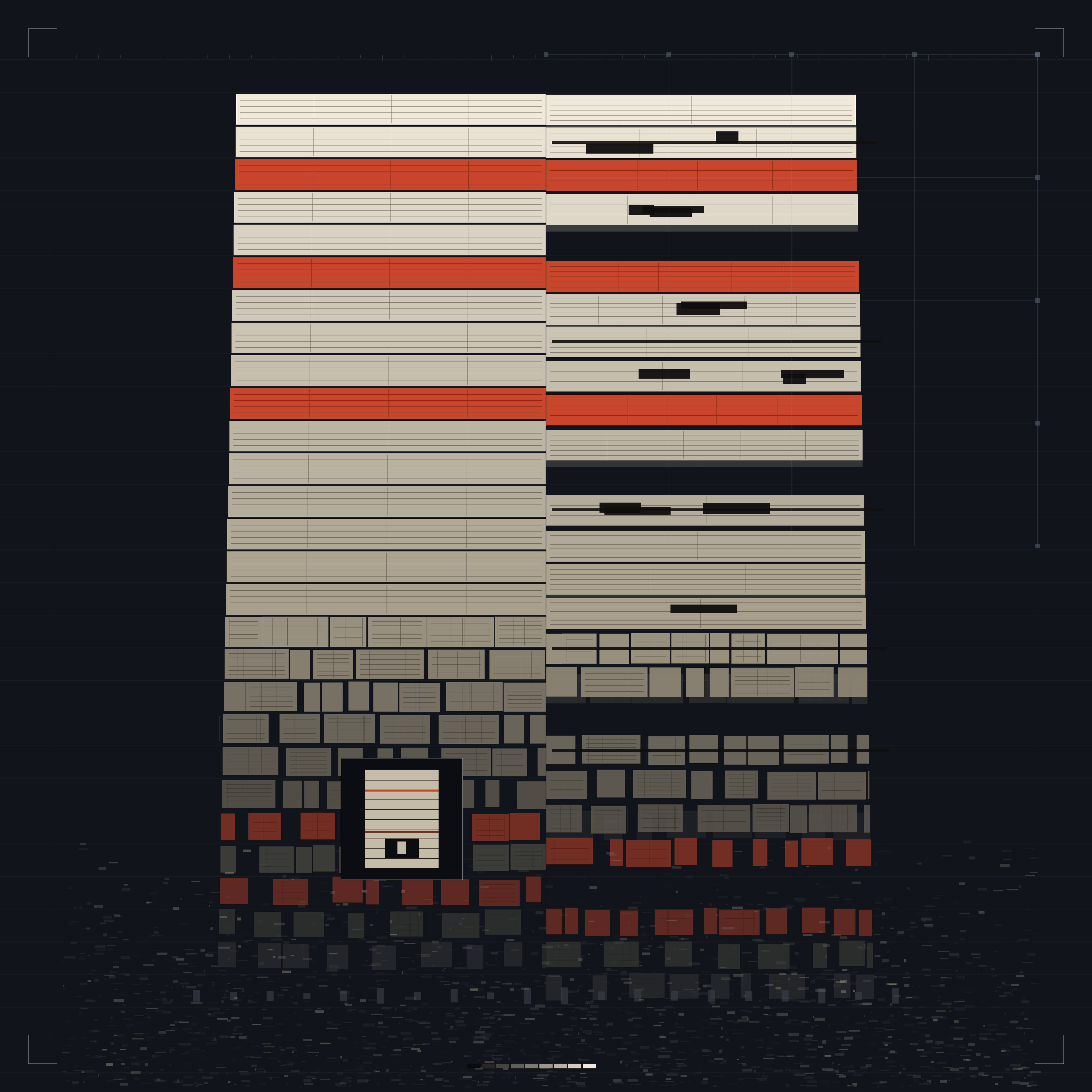 Cenotaph, Itemised, version 2: v2: widened stele; ground becomes a ruled field the frame only crops; ledger sub-rules + redactions for close reading; right half now drifts a full row out of phase by the base