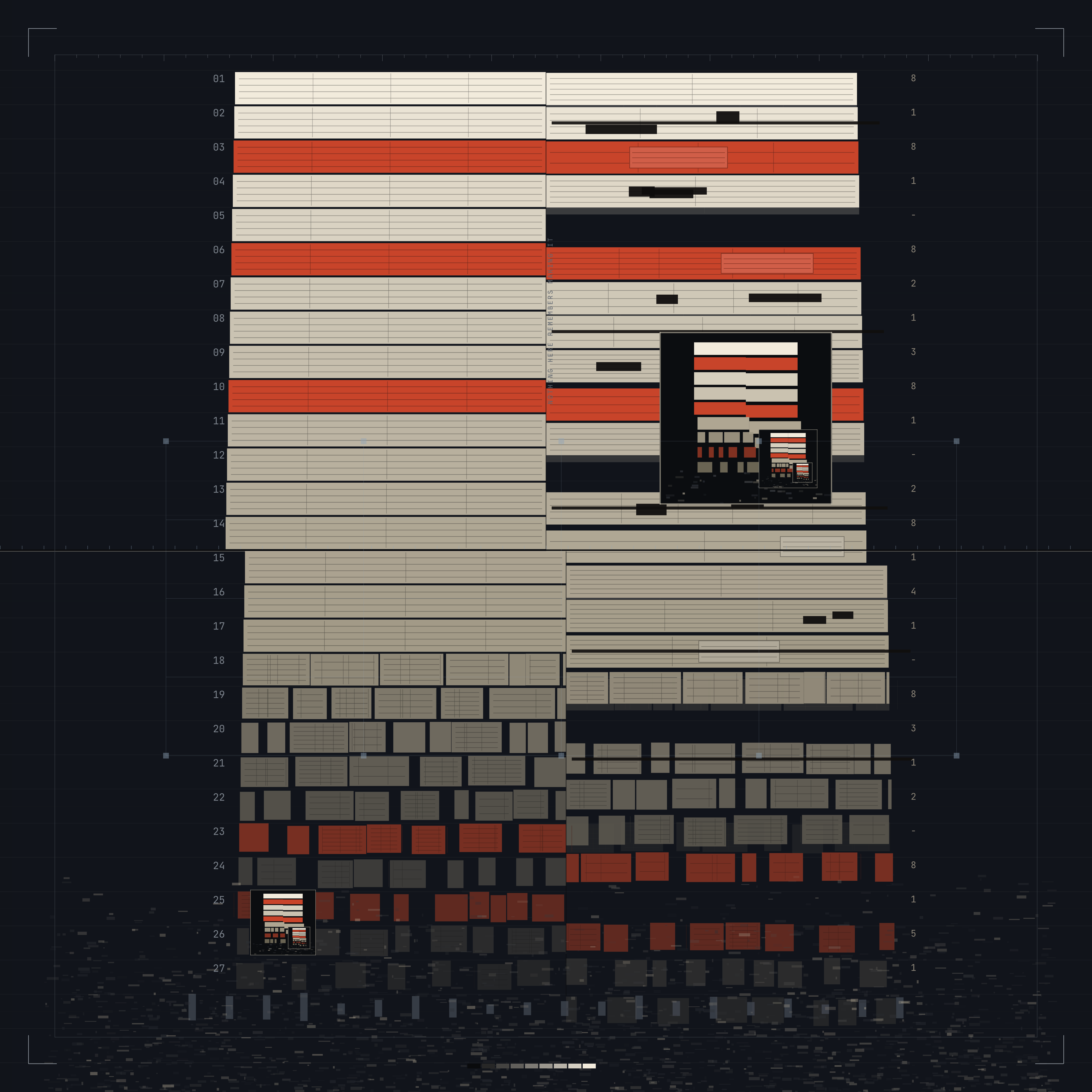 Cenotaph, Itemised, version 5: v5: type as material — a numbered ruler down one flank, a cost column down the other, and an inscription set into the seam at 30px, findable only at full size