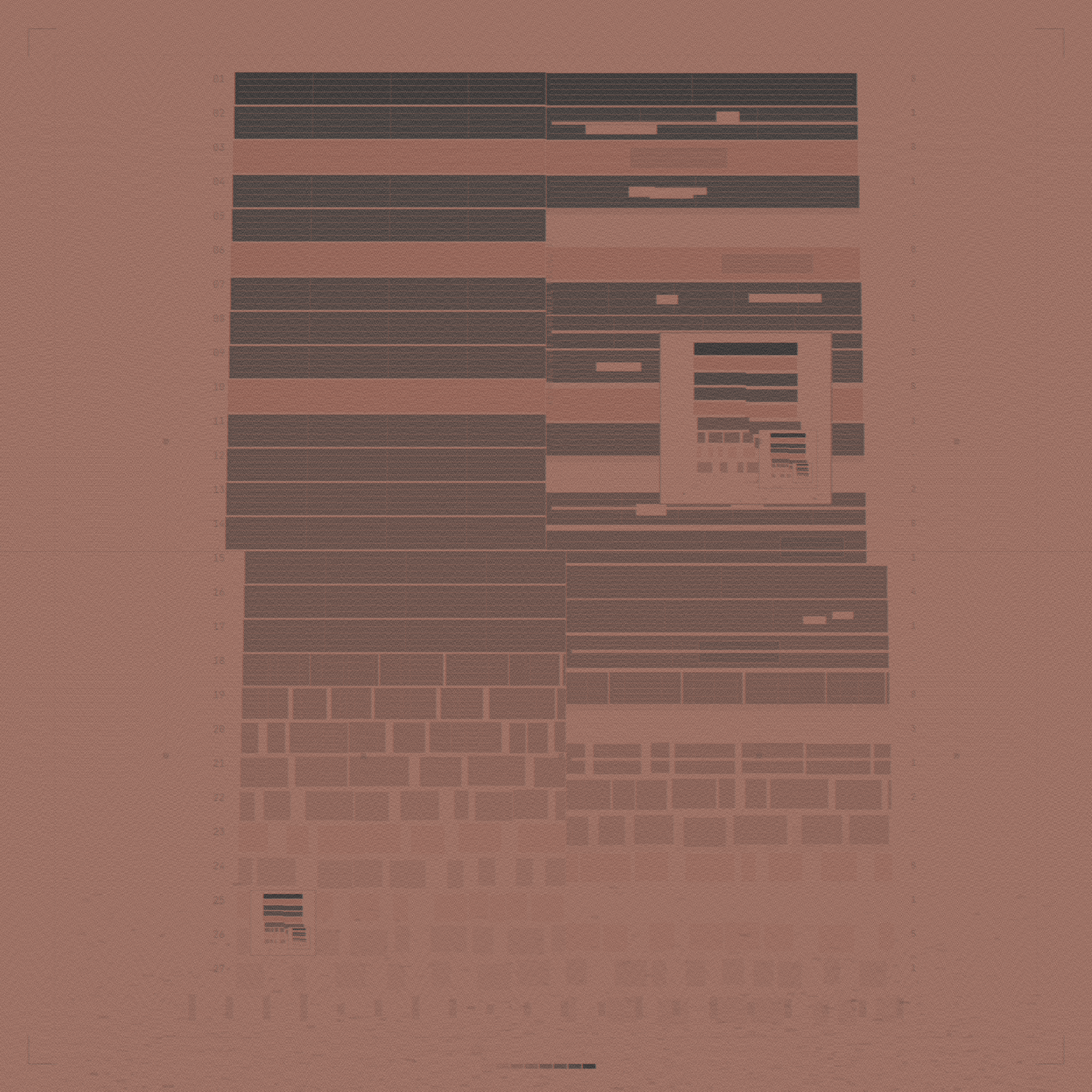 Cenotaph, Itemised, version 6: v6 branch: risograph separations on dark stock — testing whether real ink misregistration serves a piece whose subject is misregistration