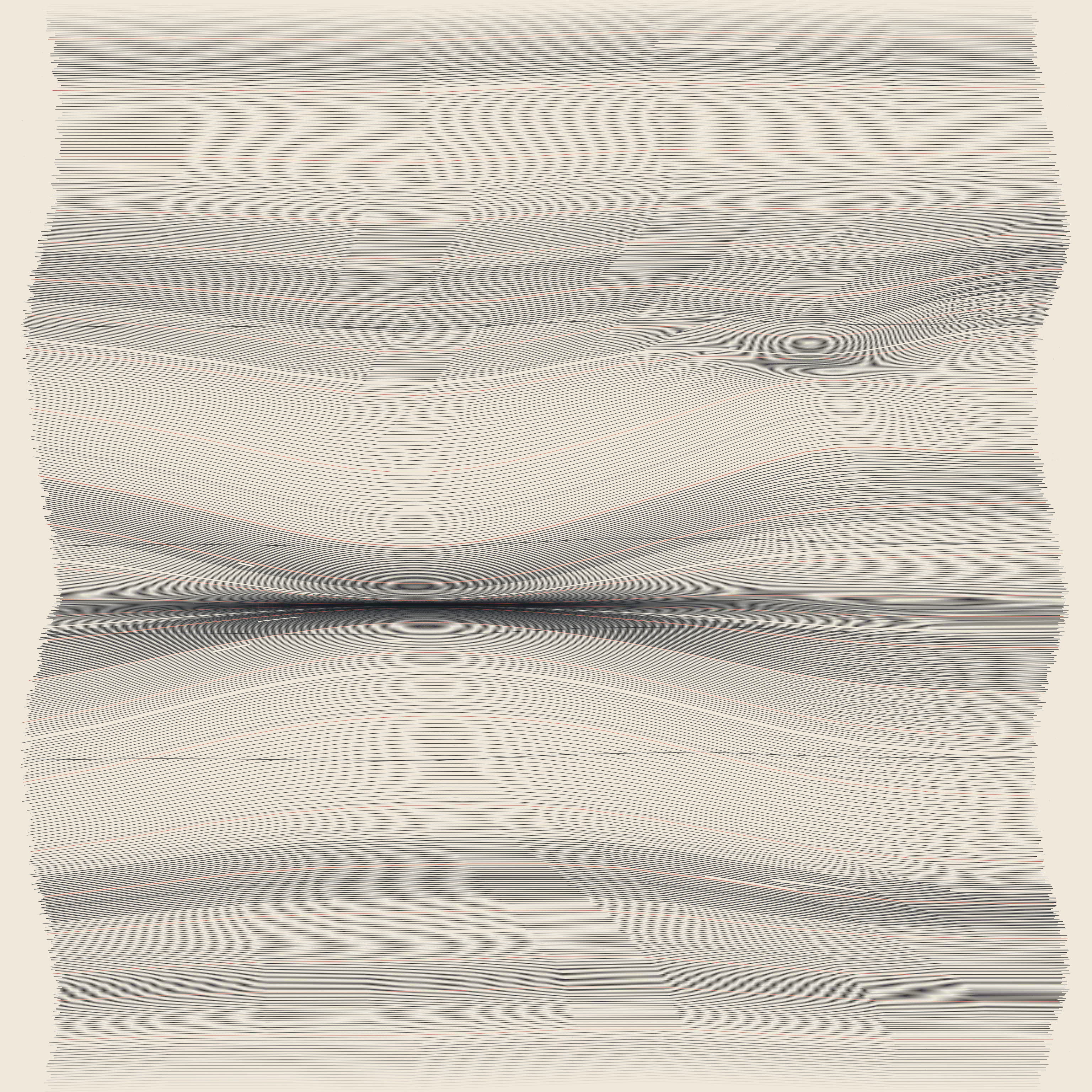Where the Lines Agree, version 2: v2: normal-only displacement so lines crowd into a body instead of a cusp; sampling cost cut and interleaved so the budget cannot truncate; four lines refuse to bend