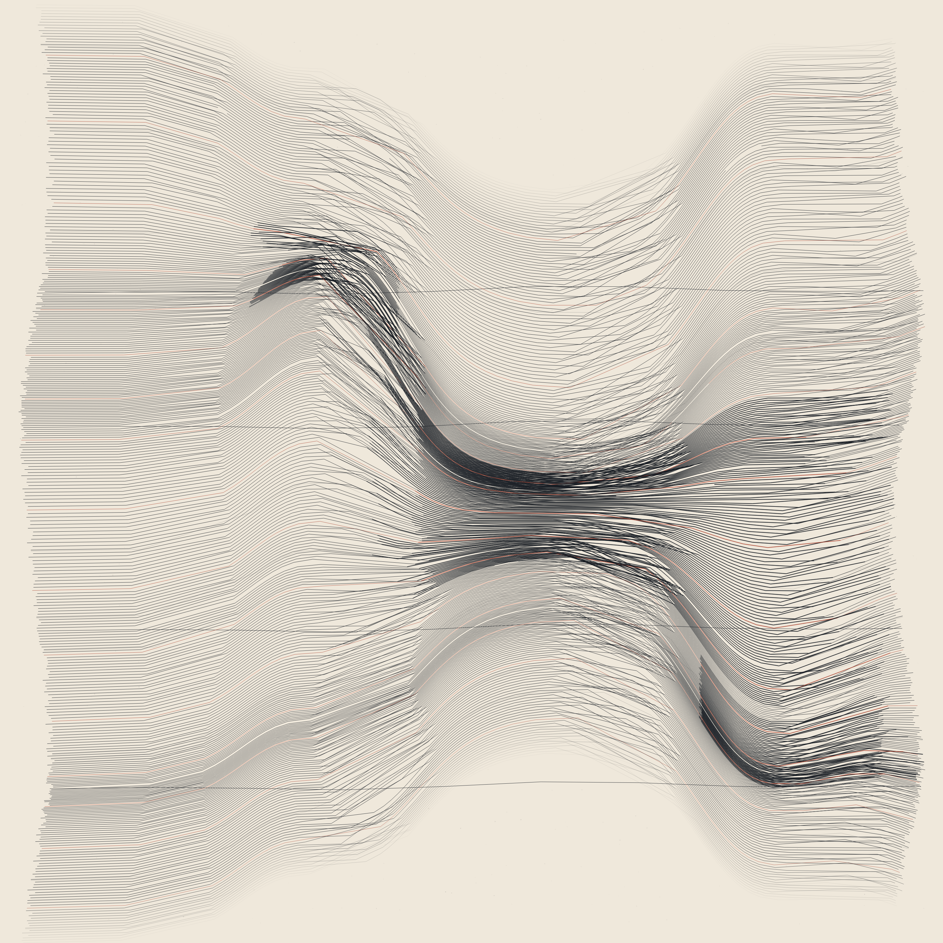 Where the Lines Agree, version 4: v4: plateau spacing profile gives seams real thickness; blackness by over-striking; stepping keyed to actual slope, killing faceting; calm ground kept at left as baseline