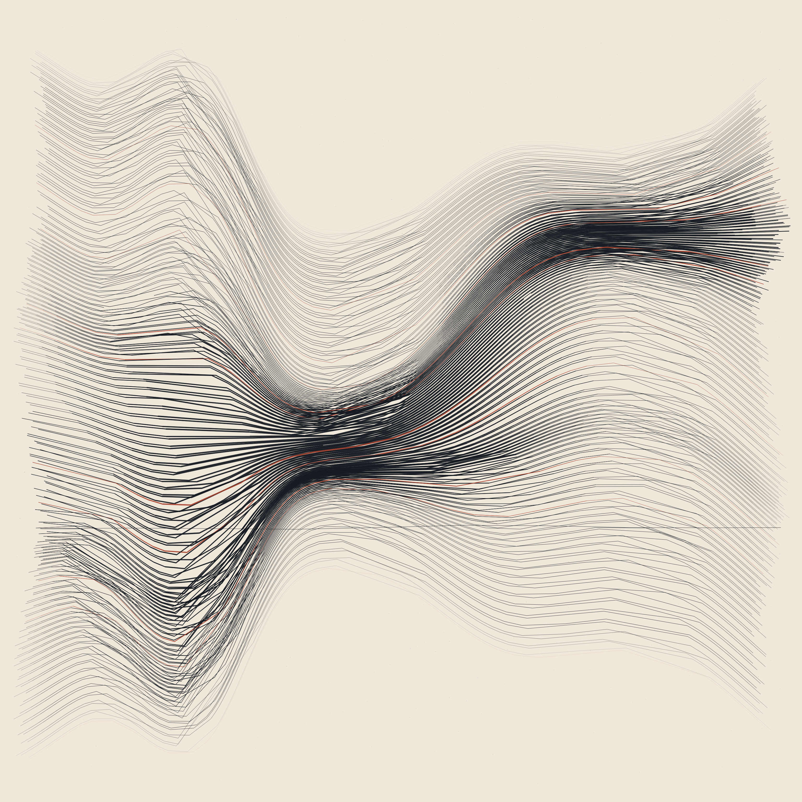 Where the Lines Agree, version 9: v9: dark area roughly trebled to answer the low-contrast measurement — two substantial masses diagonally opposed plus a small remote one, denser field, ghost strokes dropped to pay for it