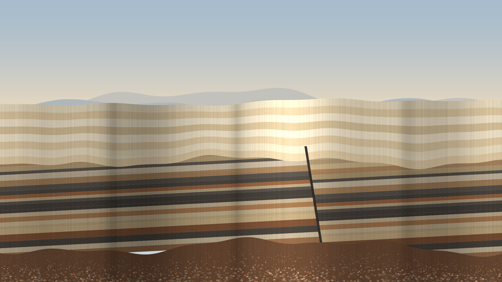Unconformity, version 1: v1 block-in: tilted lower beds cut by a normal fault at 62% across, flat younger package sealing over the erosion surface, talus fan in the foreground