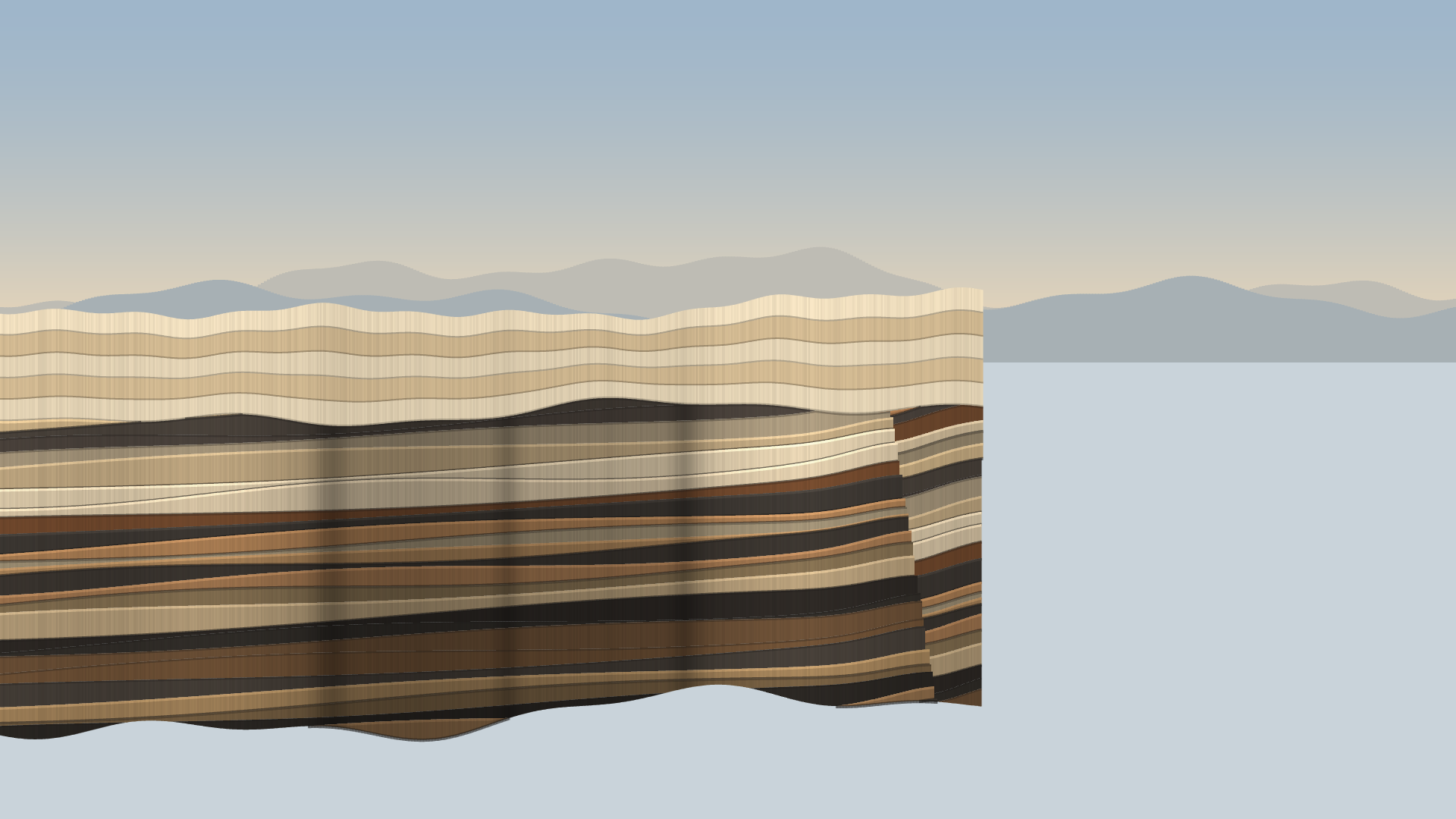 Unconformity, version 2: v2: differential weathering — hard beds stand proud and cast shadow, beds pinch and swell, the fault becomes a brecciated zone with drag folding, capping thinned and hazed, dark foreground rim