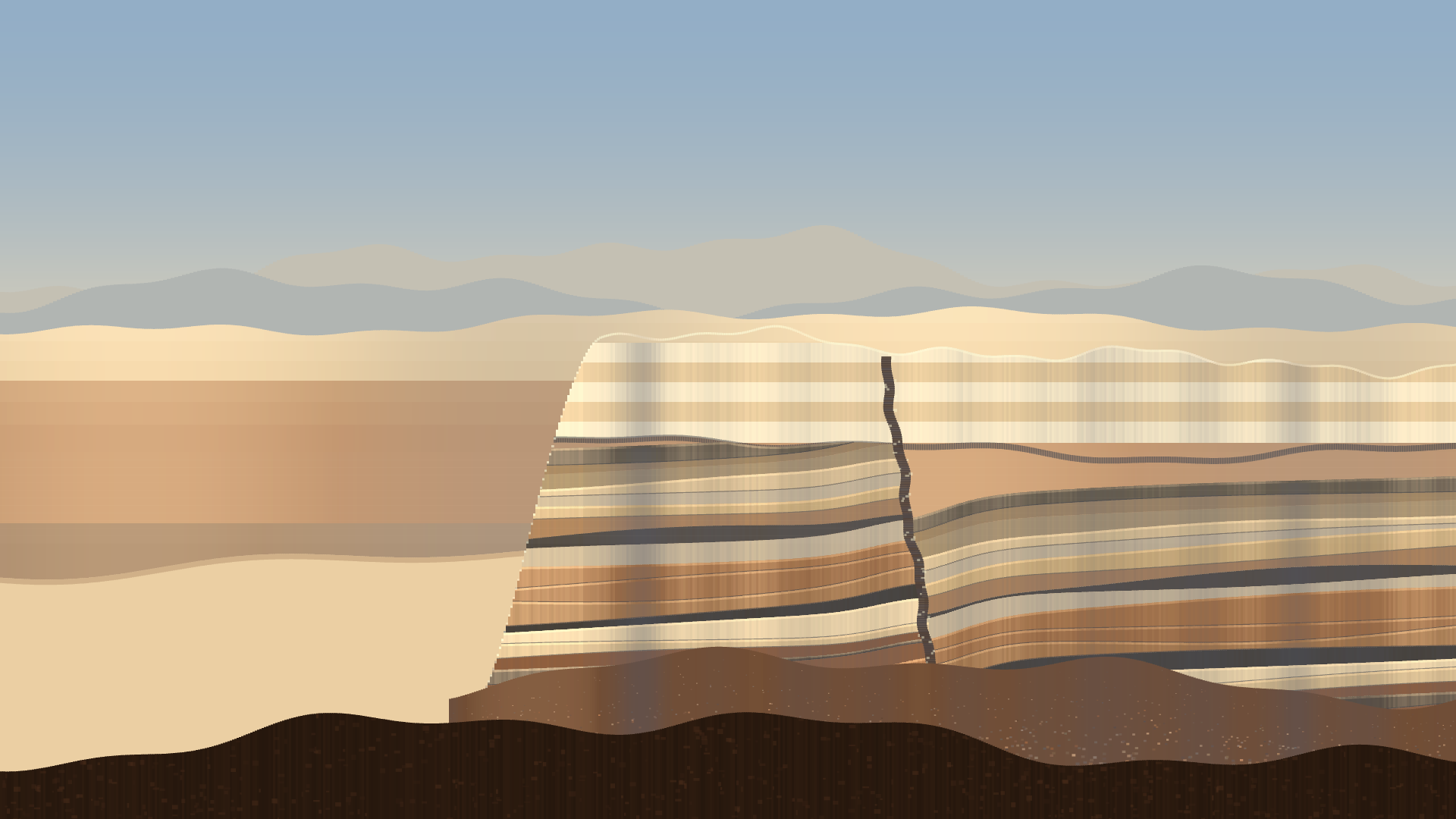 Unconformity, version 4: v4 restructure: overlapping landforms receding into haze rather than one flat elevation; sun from the left, warm lit faces and cool shadows; the cliff now begins at a headland