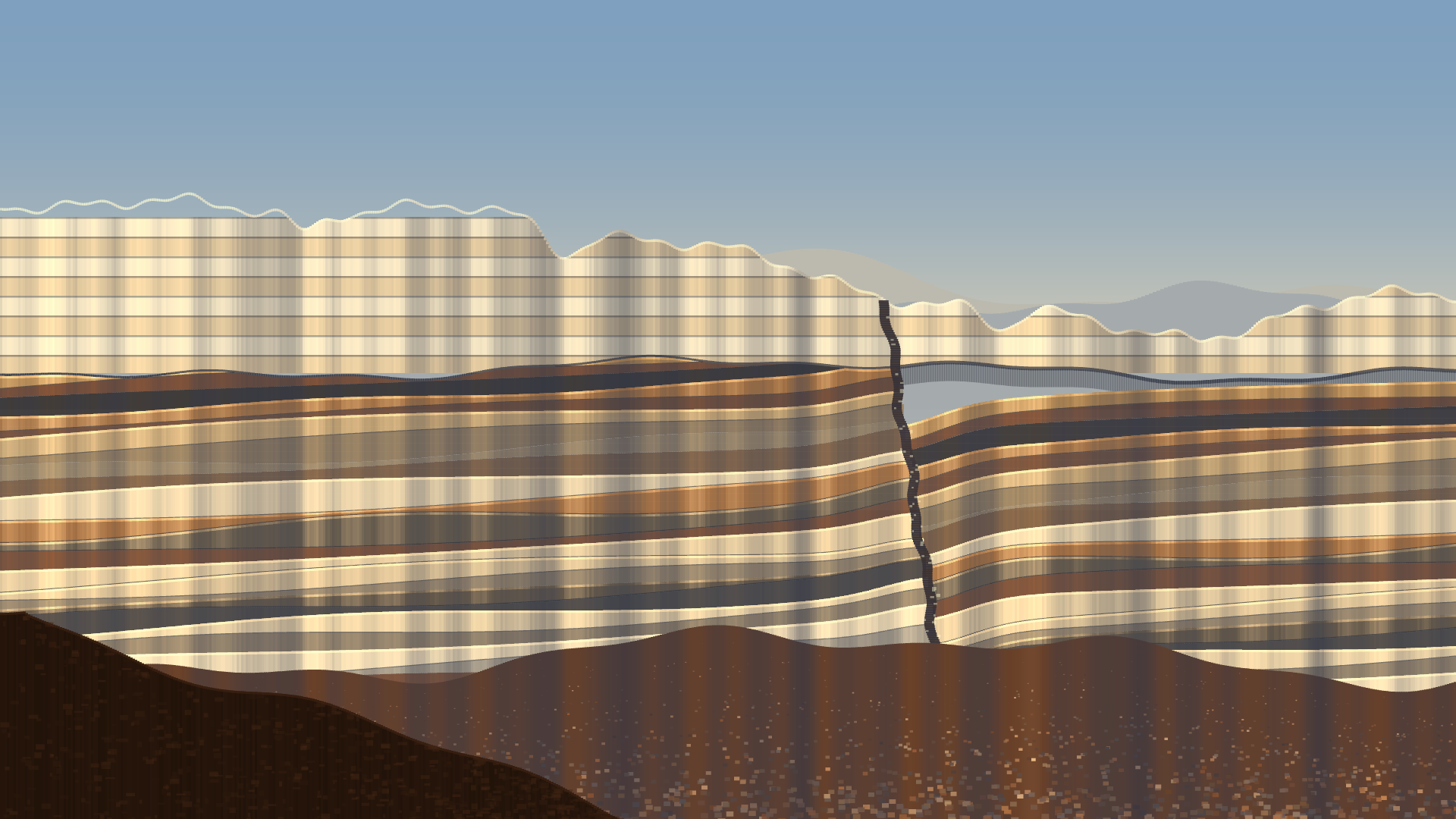 Unconformity, version 5: v5: rock face becomes the whole subject; depth from a saddle in the skyline and a dark foreground spur rather than flat washes; tonal range widened, gullies deepened, ledges cast real shadow