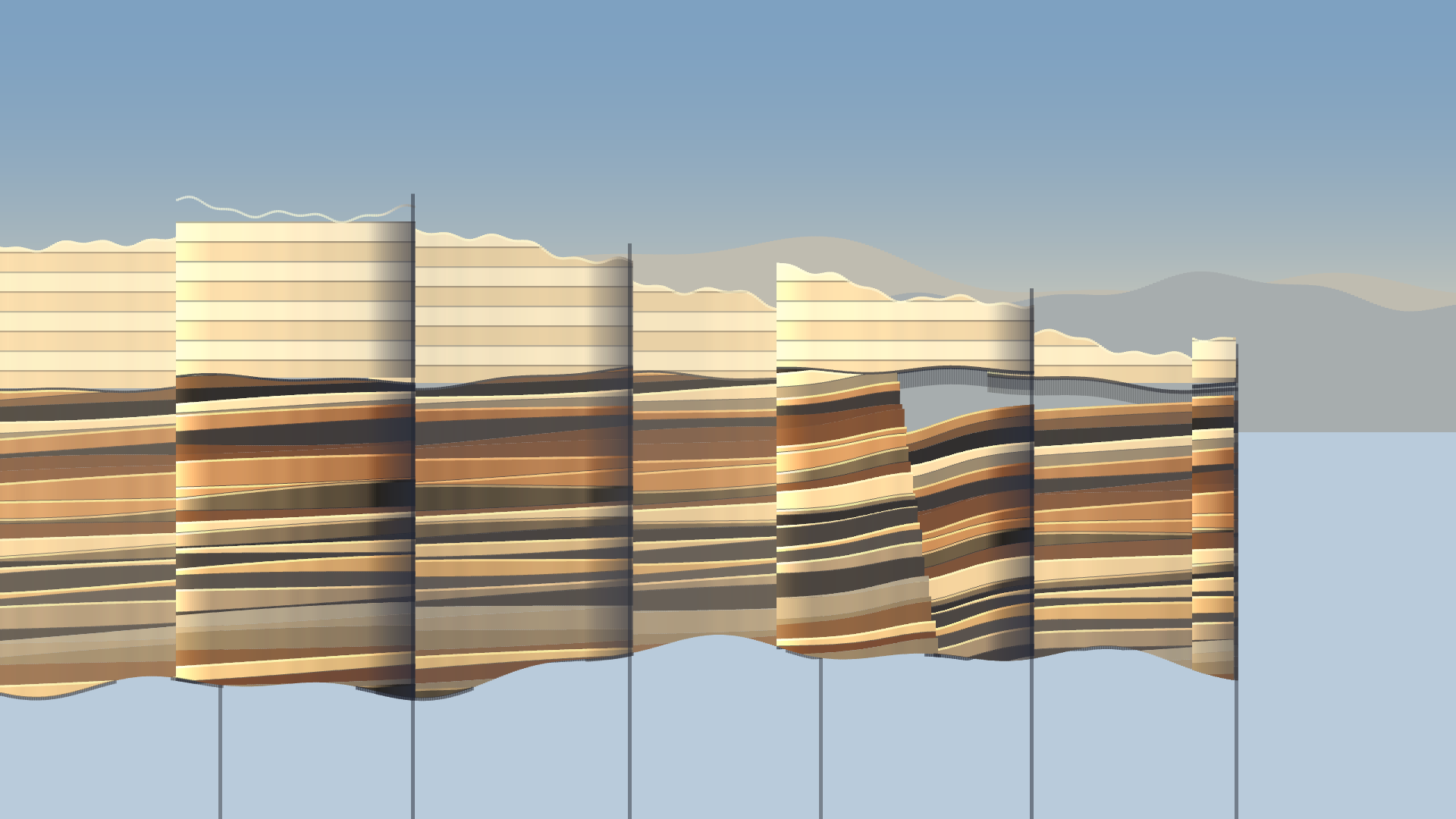 Unconformity, version 6: v6: cliff rebuilt as overlapping buttresses at three depths with shadowed clefts and lit edges, so strata wrap around form instead of papering a wall; column jitter smoothed to kill the plaid
