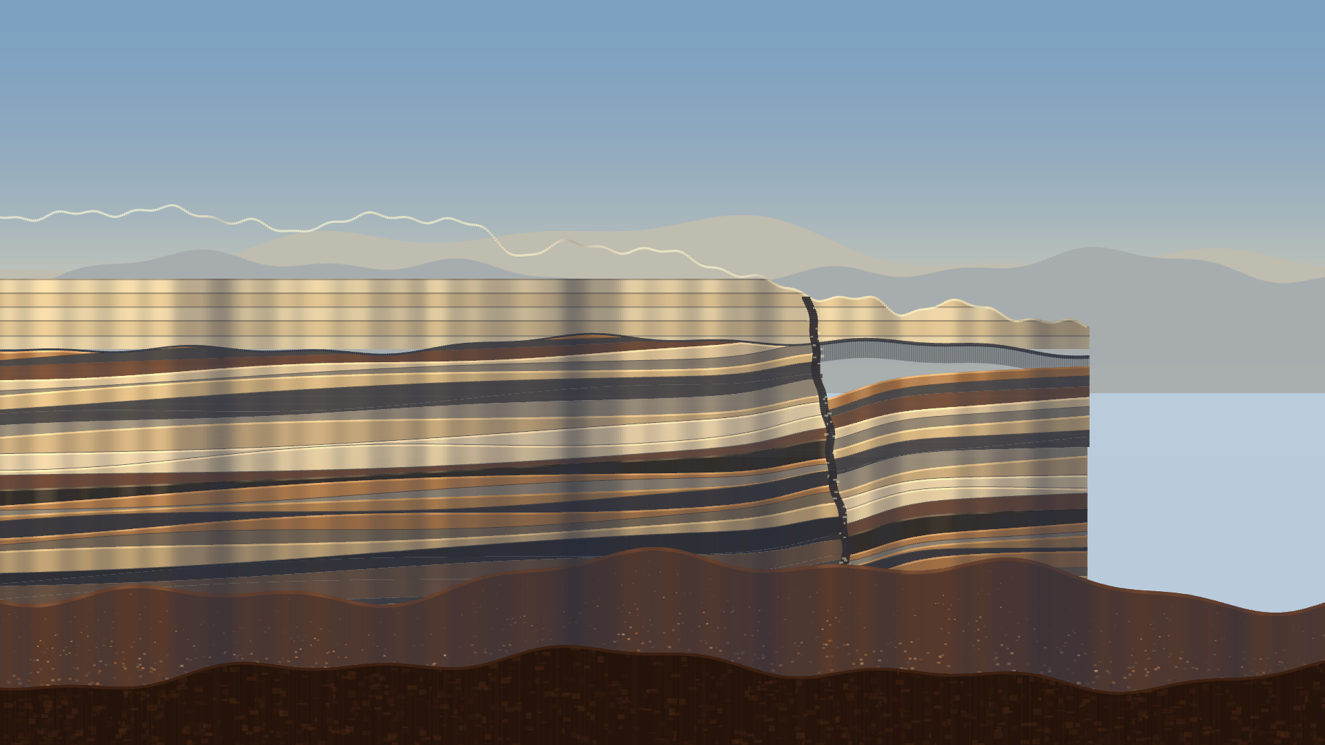 Unconformity, version 7: v7 rejects v6's panelled buttresses, branching back to v5: soft clefts, smooth grain to kill the plaid, thinner capping, vertical light gradient, foreground given reserved budget