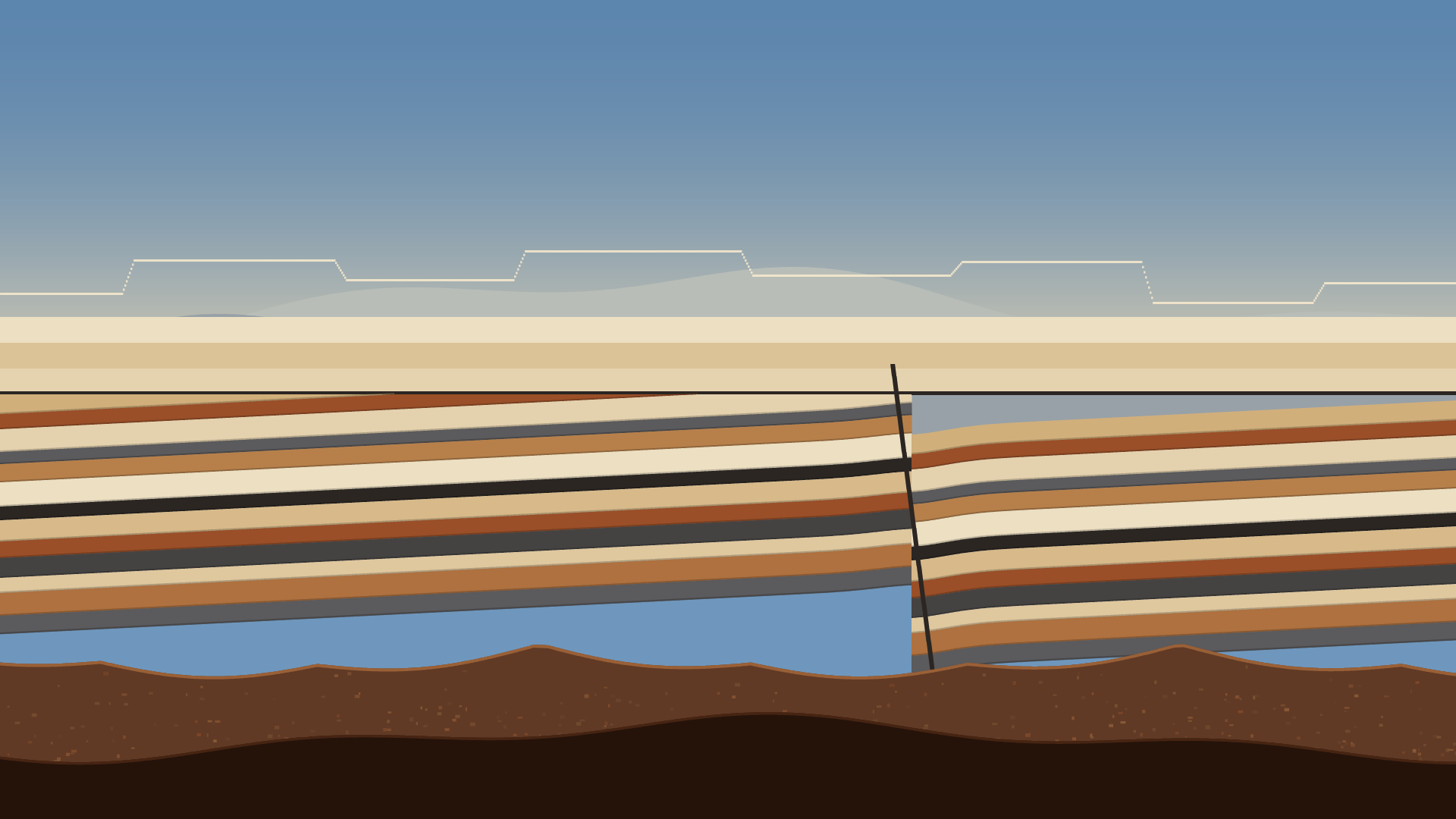Unconformity, version 8: v8 changes register entirely: bold flat graphic print rather than atmospheric rendering, stepped mesa skyline, thirteen thick beds, clean displacement at the fault, four flat value planes for depth