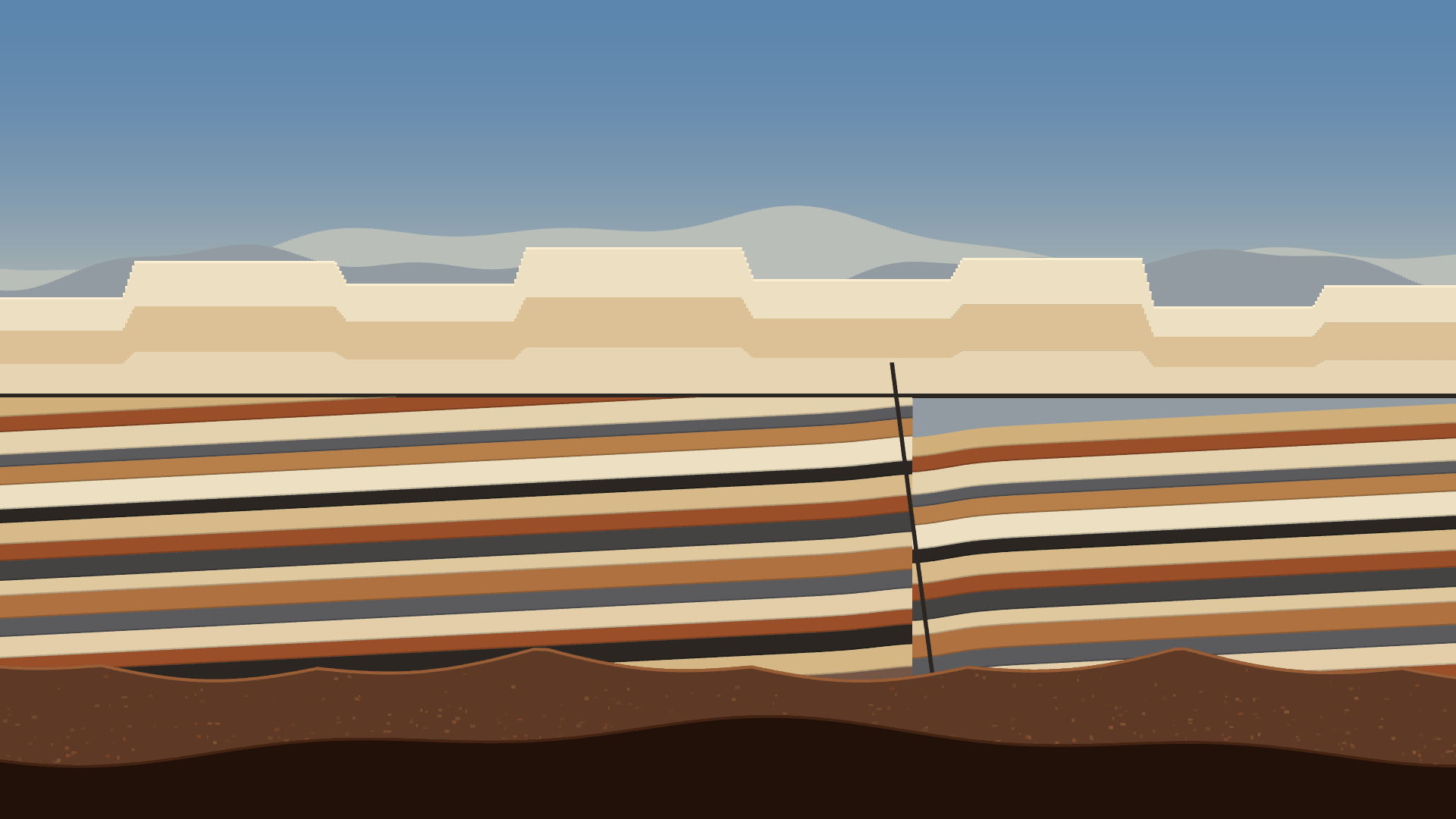 Unconformity, version 9: v9: capping package now springs from the skyline itself and the bed package extends past the talus everywhere, closing the two holes that let sky through the cliff; distant ranges raised to read