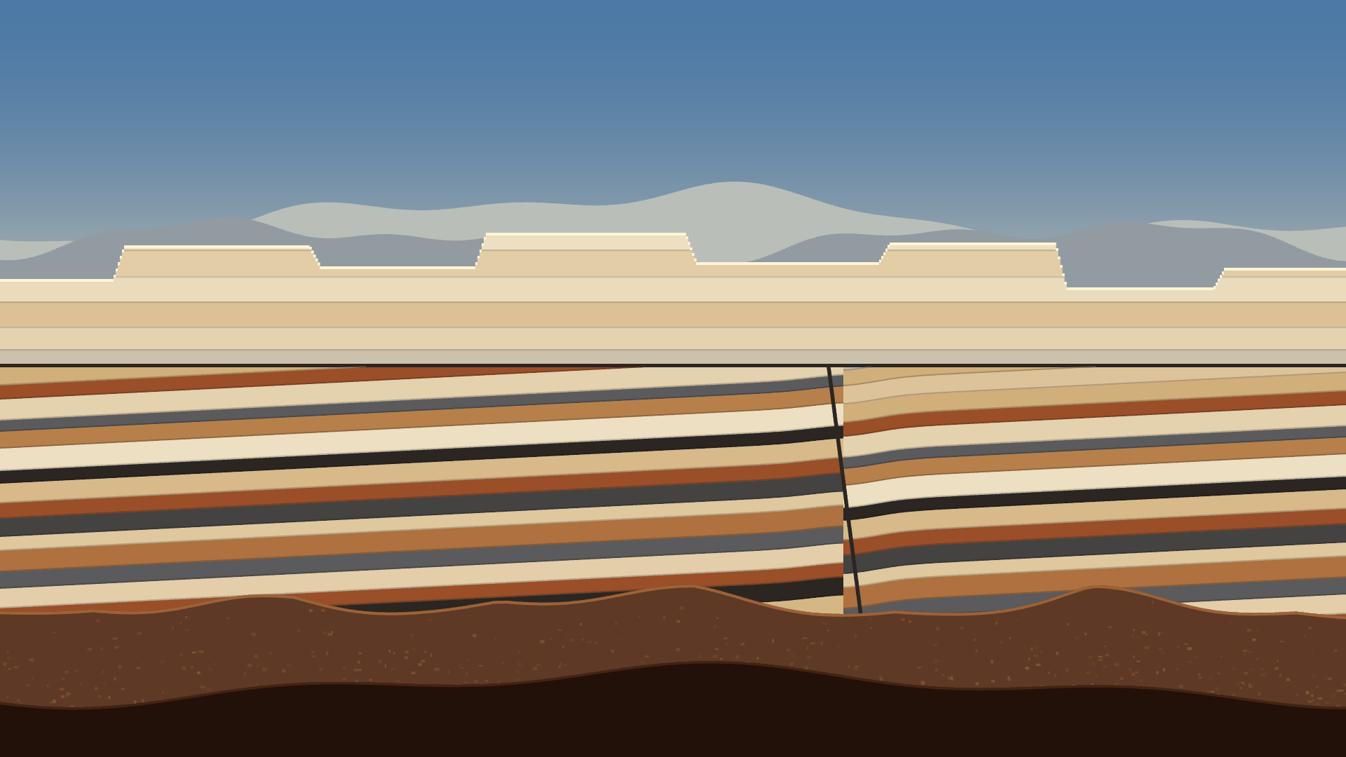 Unconformity, version 11: v11: top capping band raised above the highest skyline step so the mesa reads solid instead of an outline over sky; alluvial cones added to the talus, caprock catches light