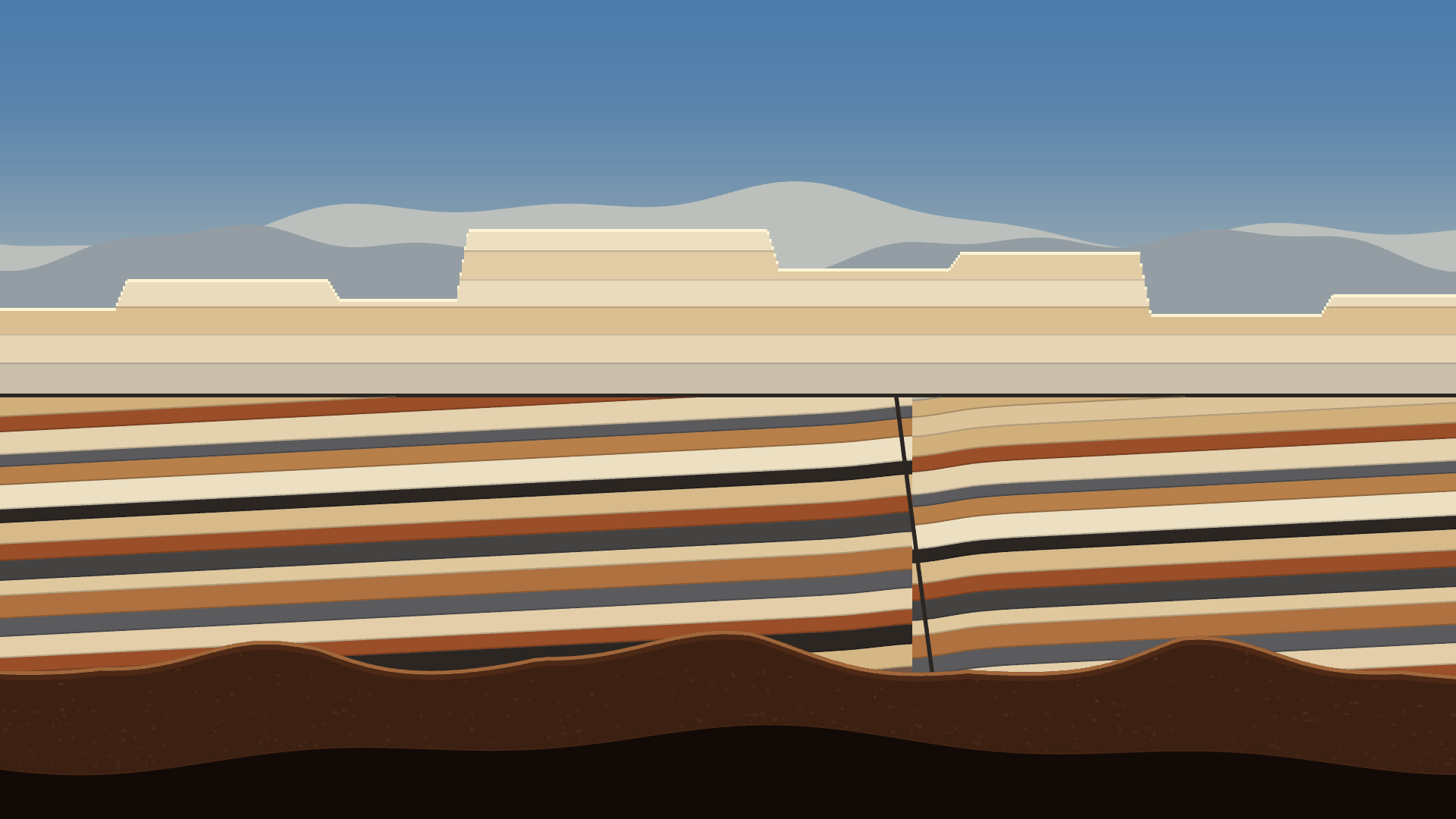 Unconformity, version 13: v13: foreground dropped to deep shadow, separating the two dominant tones the contrast measurement flagged and pushing the cliff back at the same time; warm rim kept on the talus crest