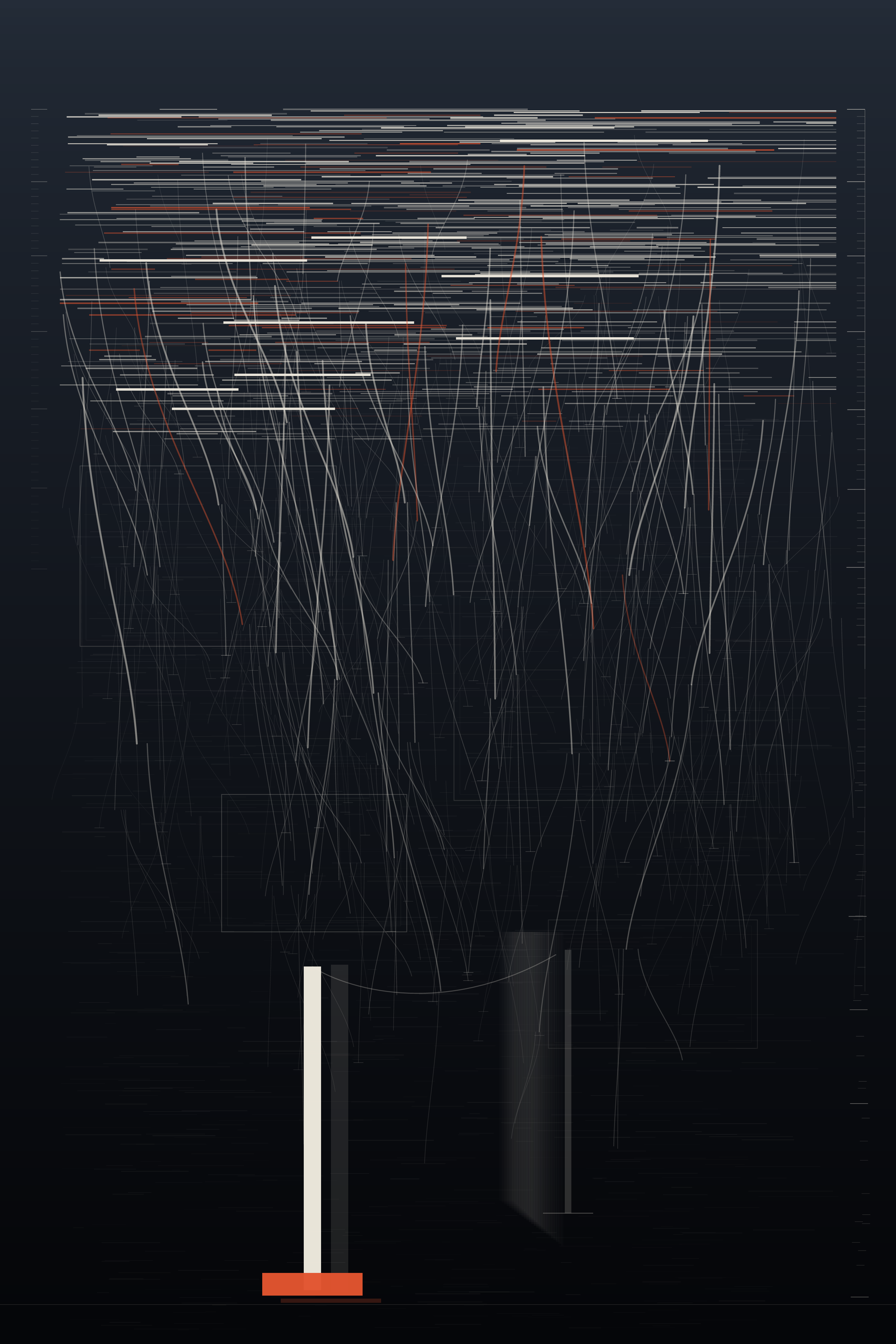 Nothing Pointed Here, version 5: v5: inverted the funnel - readings now diverge and fade as they fall, nothing converges, and the heavy mark lands where nothing pointed