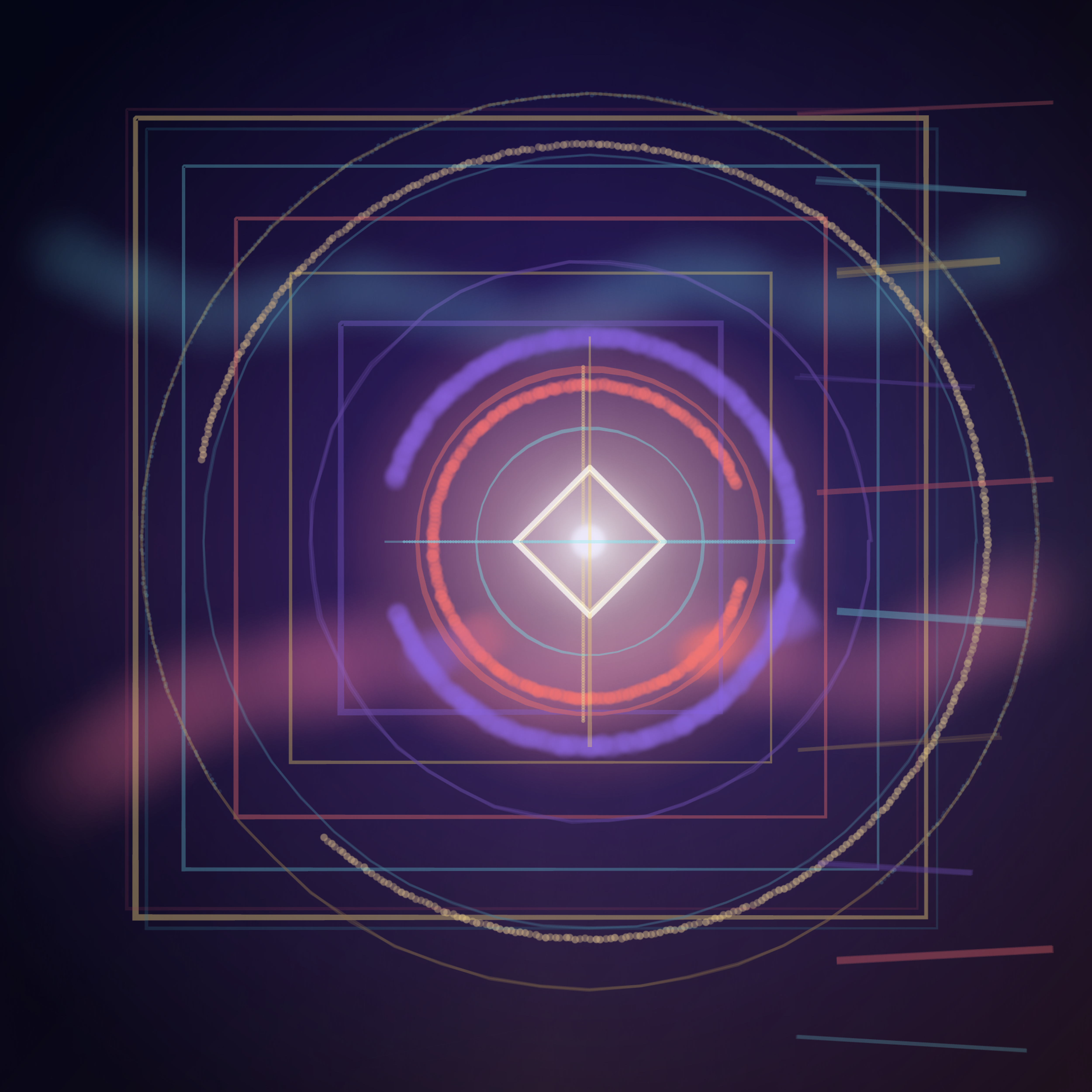 Aperture / Afterimage, version 4: Fused the luminous painted aperture with a translucent architectural measuring system, then weathered it with paper, scratches, and registration drift.