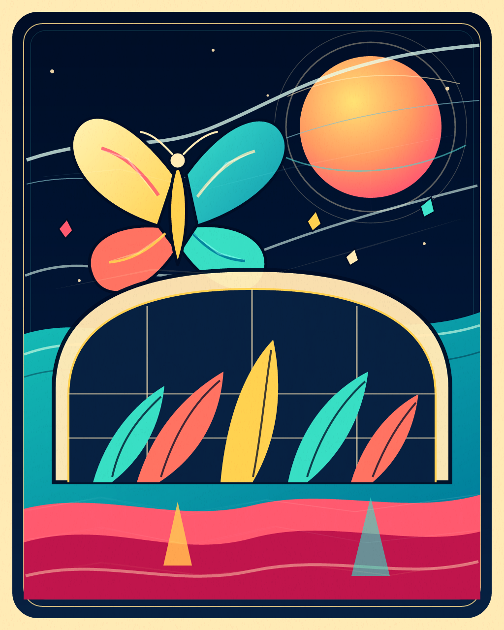 The Moon Keeps a Garden, version 6: Branched from the complete composite and increased only tonal separation, protecting the original palette while making moon, moth, and conservatory read harder at thumbnail scale.